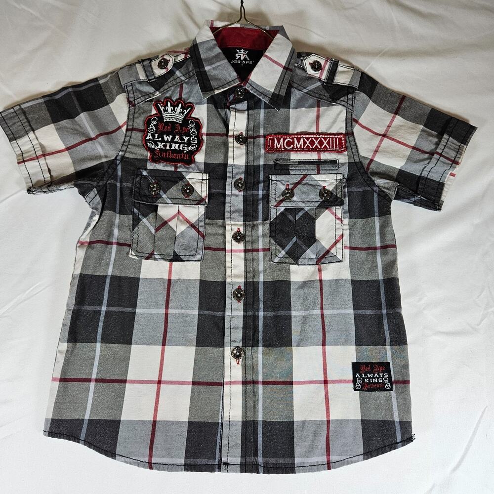 Cool Red Ape plaid button-front shirt in gray, black, white, and red.